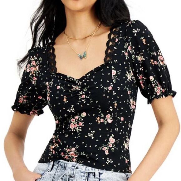 Macy’s x Crave Fame Boho Black Floral Crop Sweatheart Neck Top - Picture 1 of 12
